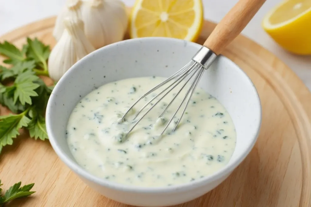 A bowl of Blue Jam Garlic Aioli