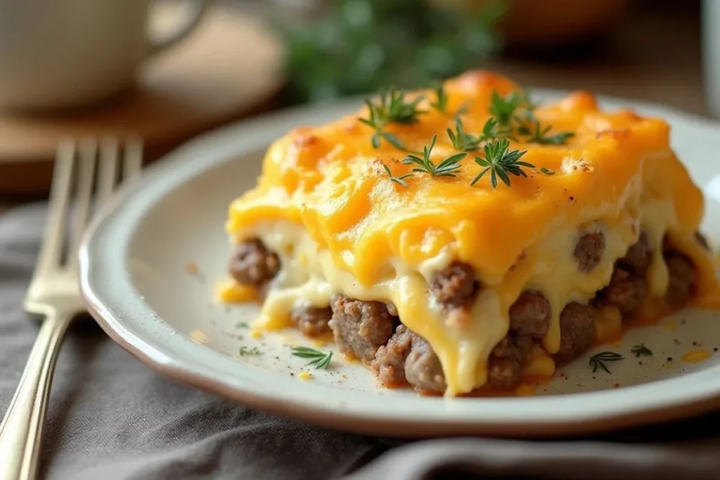 A slice of Breakfast Casserole served with cream cheese