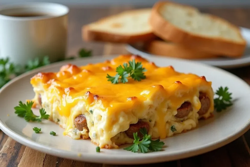 A slice of Breakfast Casserole topped with cream cheese