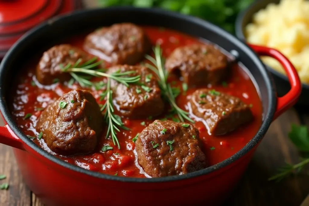 Braise meat in a tomato sauce dish