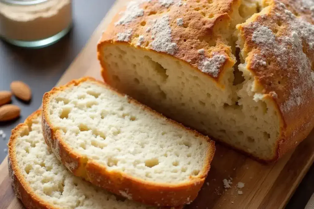 Almond flour sourdough bread with a slice showing soft texture, surrounded by almonds