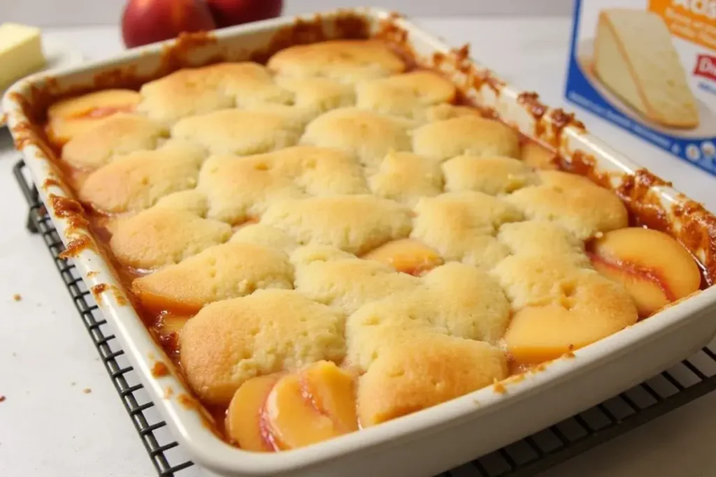 Golden peach cobbler served in a baking dish