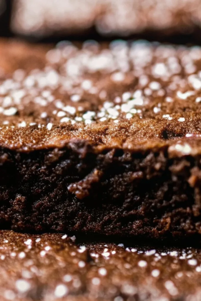 A close-up of a fudgy brownie slightly lifted from a row, topped with a light dusting of powdered sugar