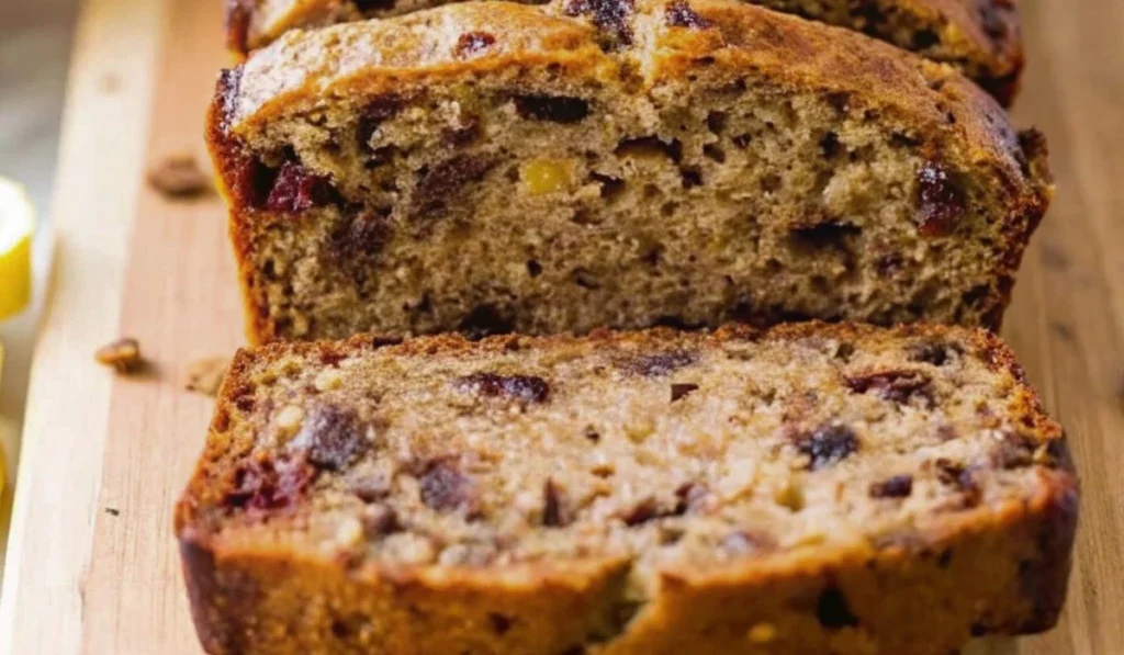 Banana Bread on a cutting board with walnuts, raisins, and ripe bananas to make healthy Banana Bread