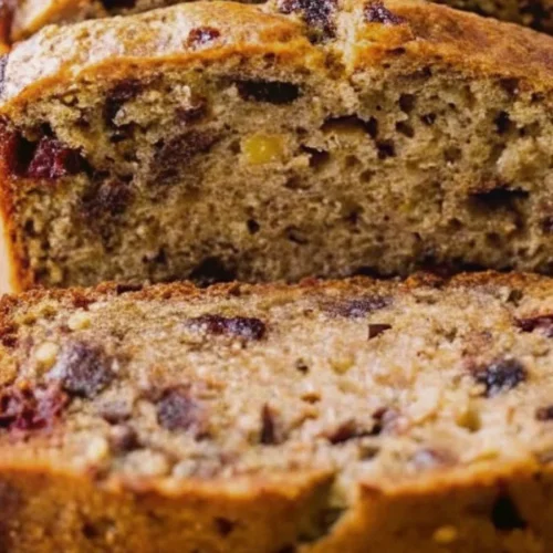 Banana Bread on a cutting board with walnuts, raisins, and ripe bananas to make healthy Banana Bread