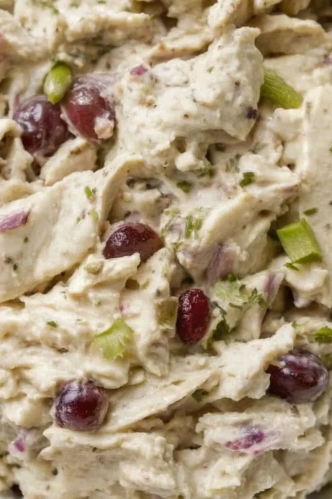 Close-up shot of a bowl of fresh chicken salad