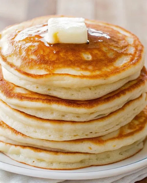 Five fluffy pancakes on a white plate