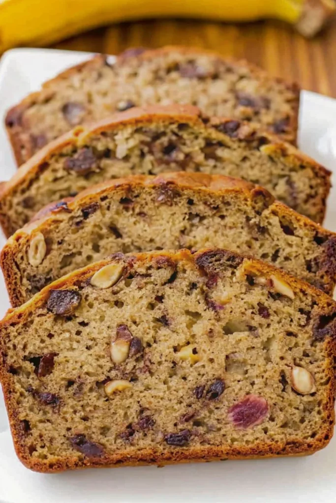 Four slices of fresh banana nut bread on a white plate