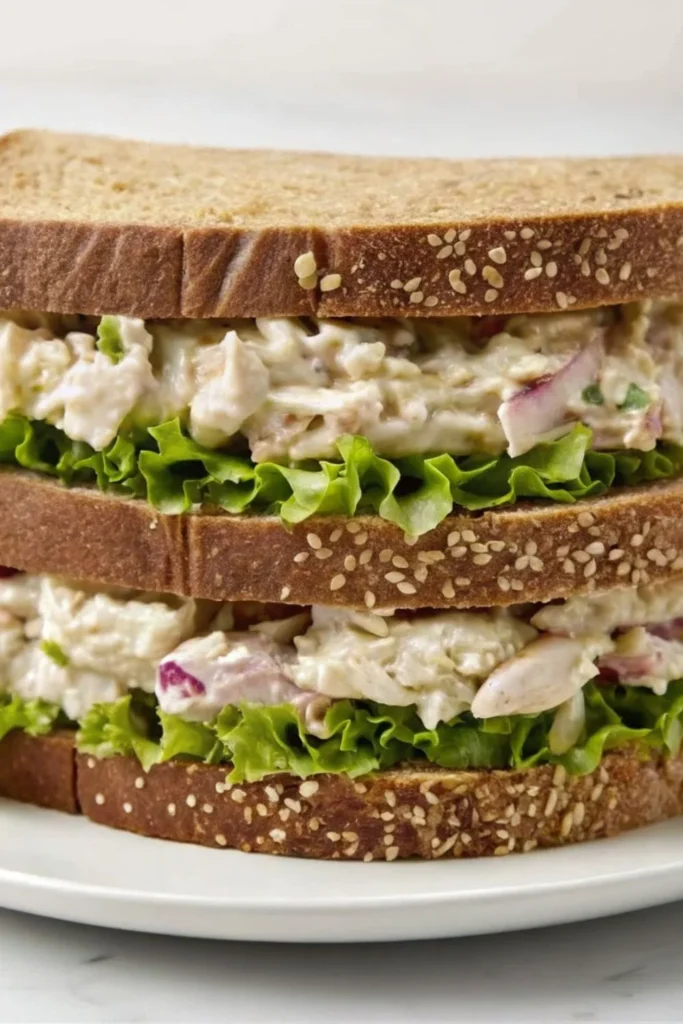 Front-facing shot of two chicken salad sandwiches on whole wheat bread, stacked one on top of the other