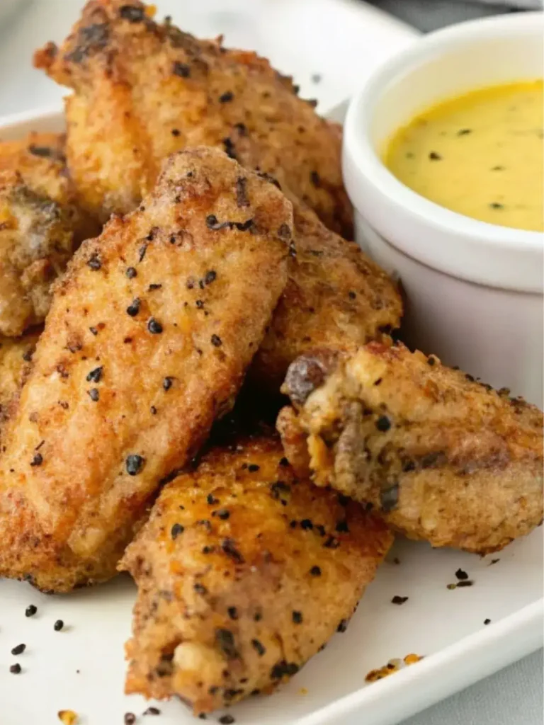 Homemade crispy lemon pepper wings with fresh lemon pepper sauce in a dipping bowl