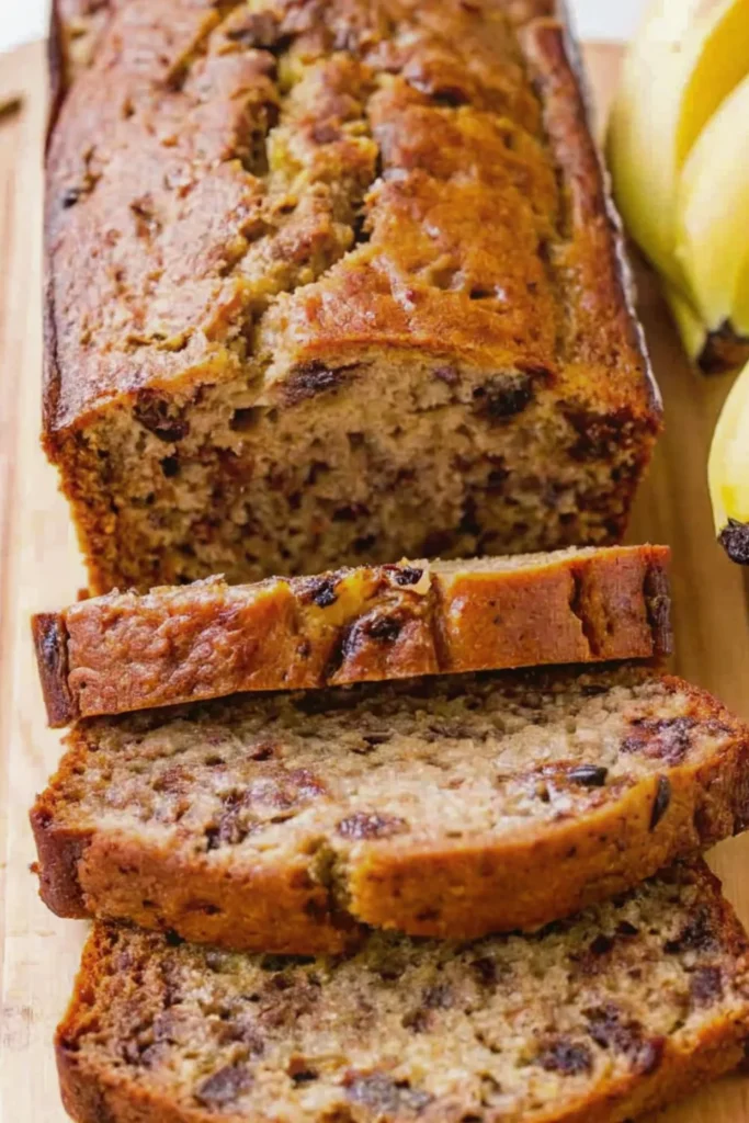 Moist banana bread recipe sliced to show the banana nut bread center