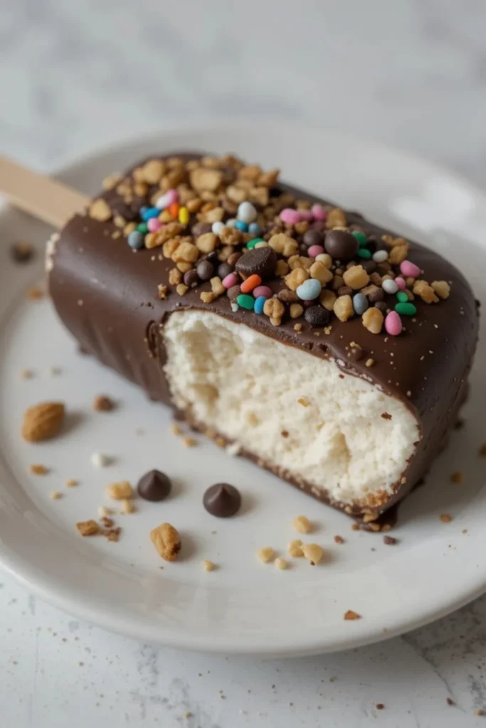 Single homemade Eskimo Pie popsicle coated in dark chocolate with sprinkles, nuts, and mini chocolate chips on a white plate