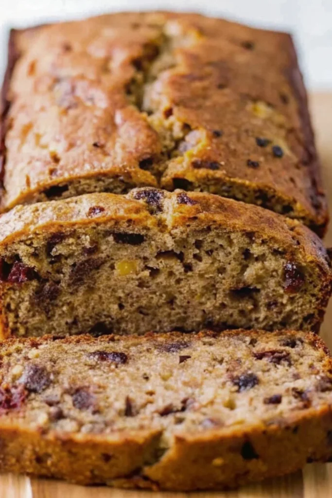 Sliced Banana Bread loaf on a cutting board