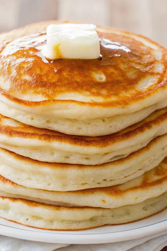 Stack of fluffy pancakes topped with a slice of butter
