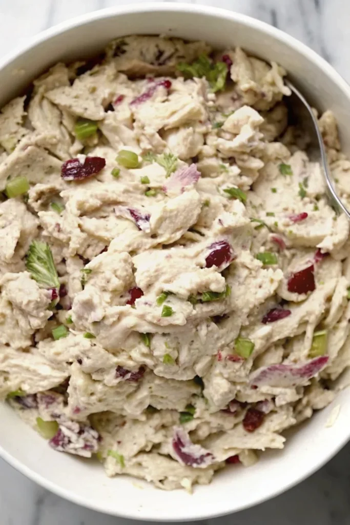 Top-down view of chicken salad served in a white bowl