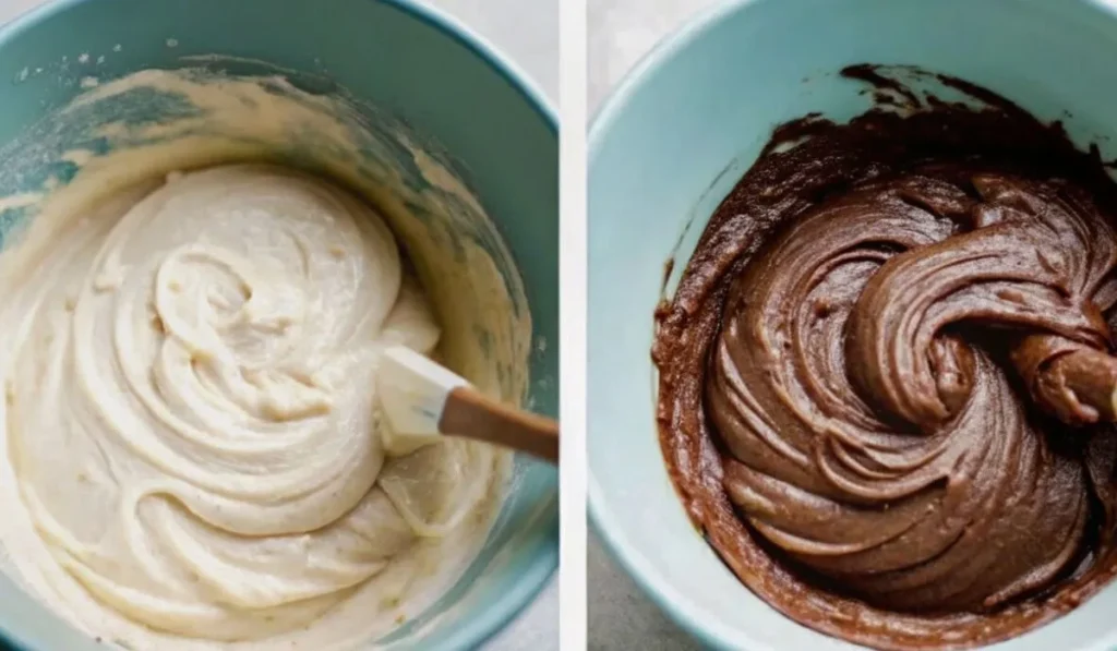 Two images one showing a bowl of whipped butter, eggs, and sugar; the other showing smooth, silky brownie batter