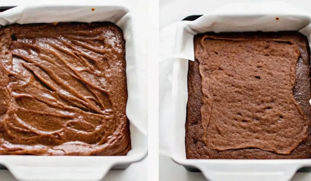 Two images one showing a pan filled with brownie batter, and the other showing the baked brownies from the easy brownie recipe