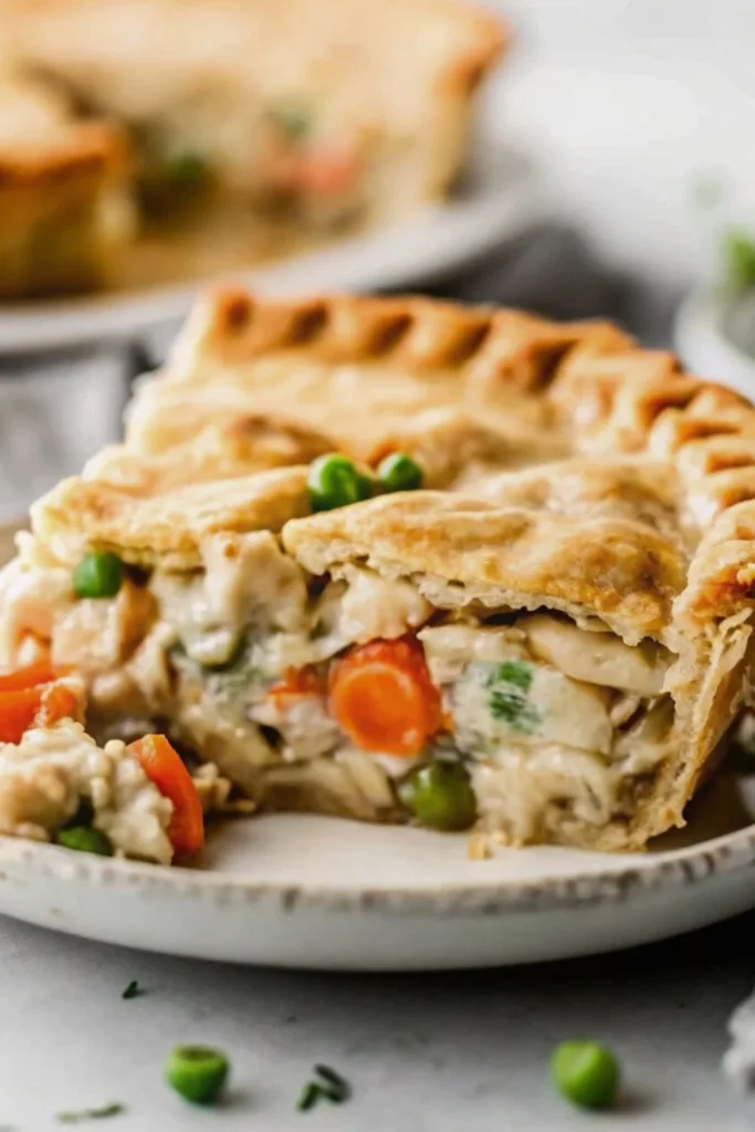 A slice of a fresh chicken pot pie