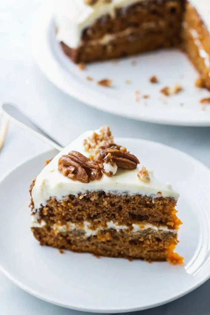 A slice of carrot cake served on a white plate