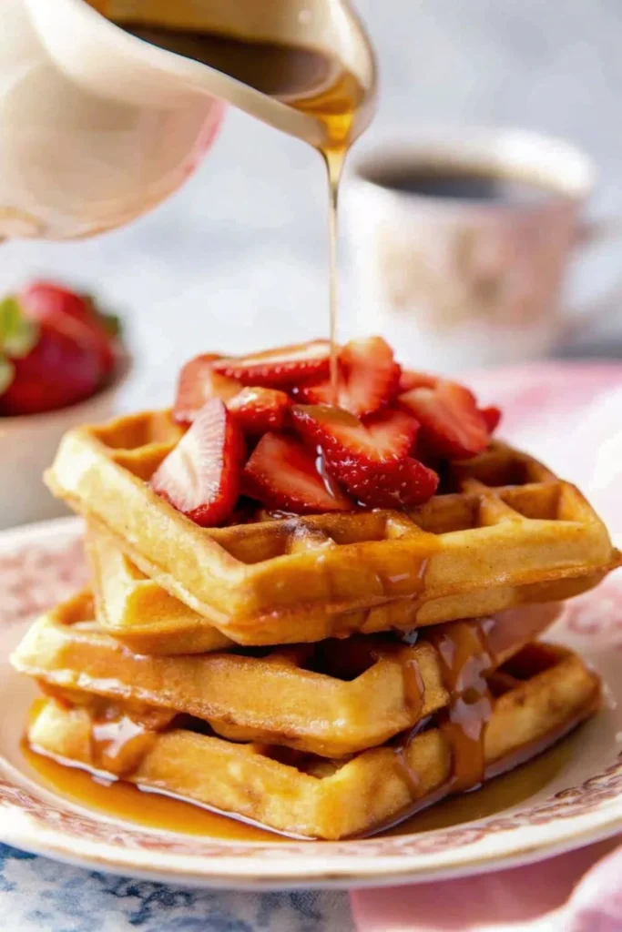 A stack of waffles and strawberries with syrup poured over top