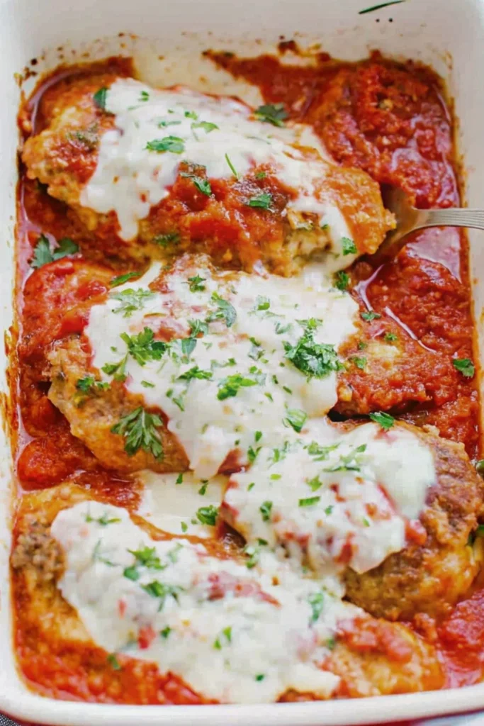 Homemade Chicken Parmesan served in a casserole
