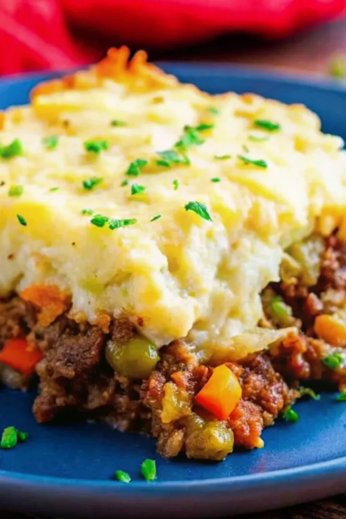 Shepherd’s Pie Served on a blue plate